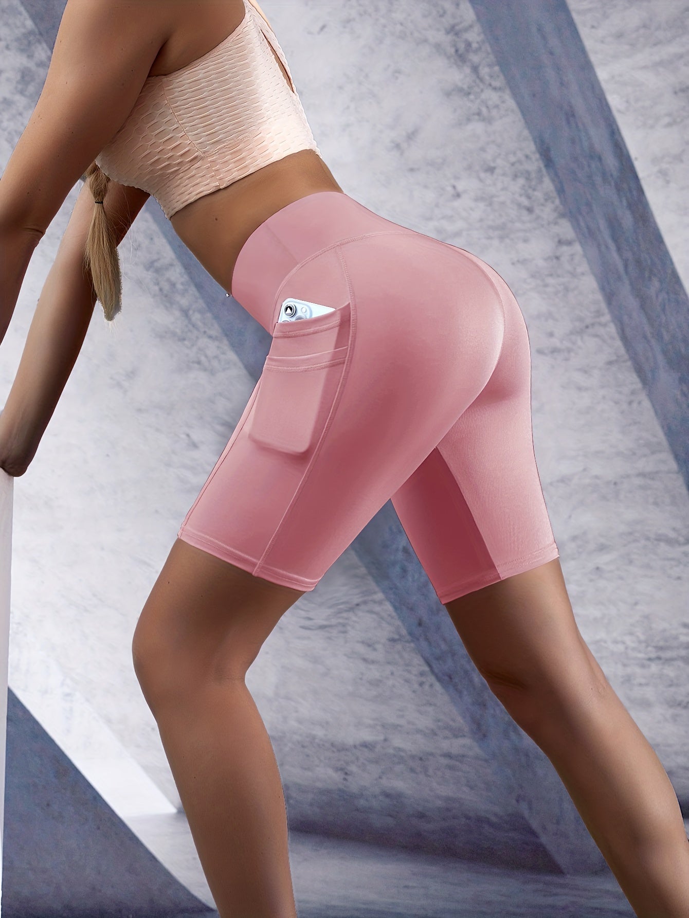 High Waist Pink Biker Shorts with Pockets