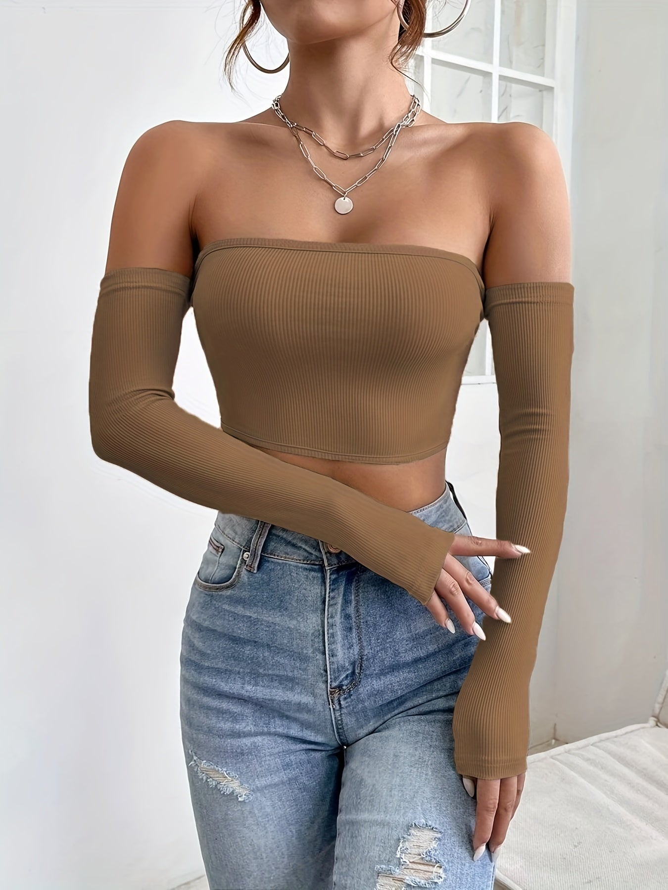 Off Shoulder Bodycon Crop Top - Black XS
