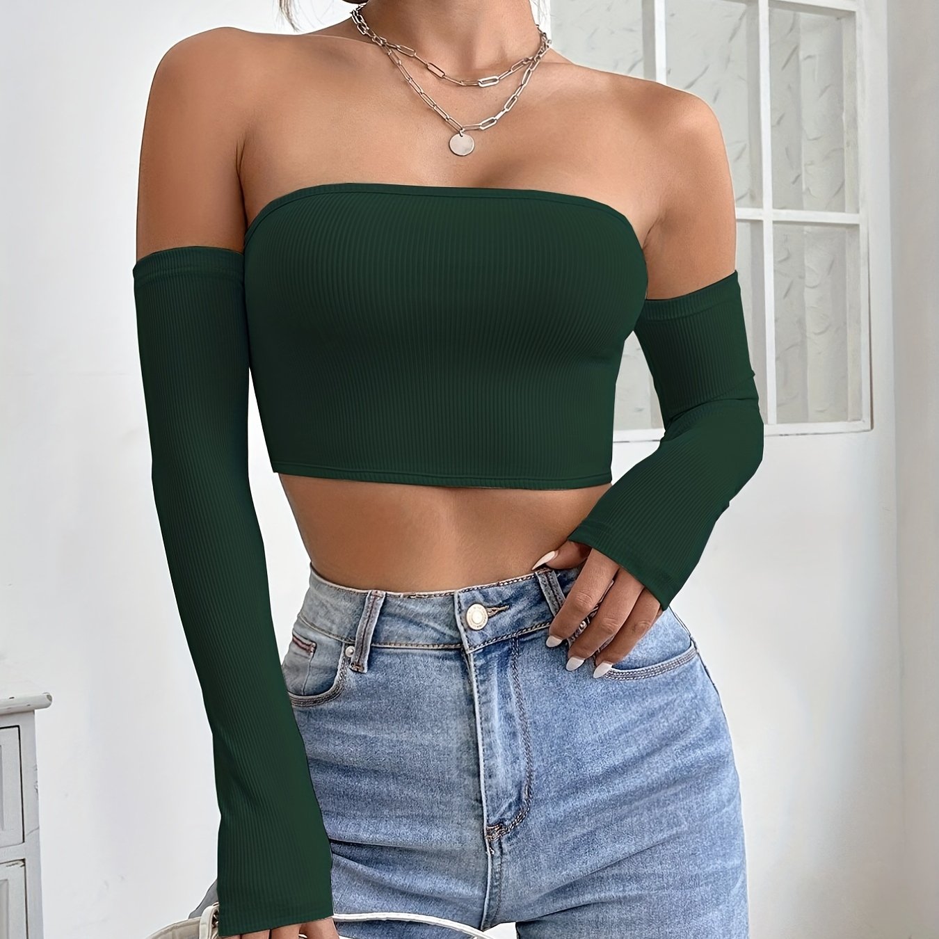 Off Shoulder Bodycon Crop Top - Black XS