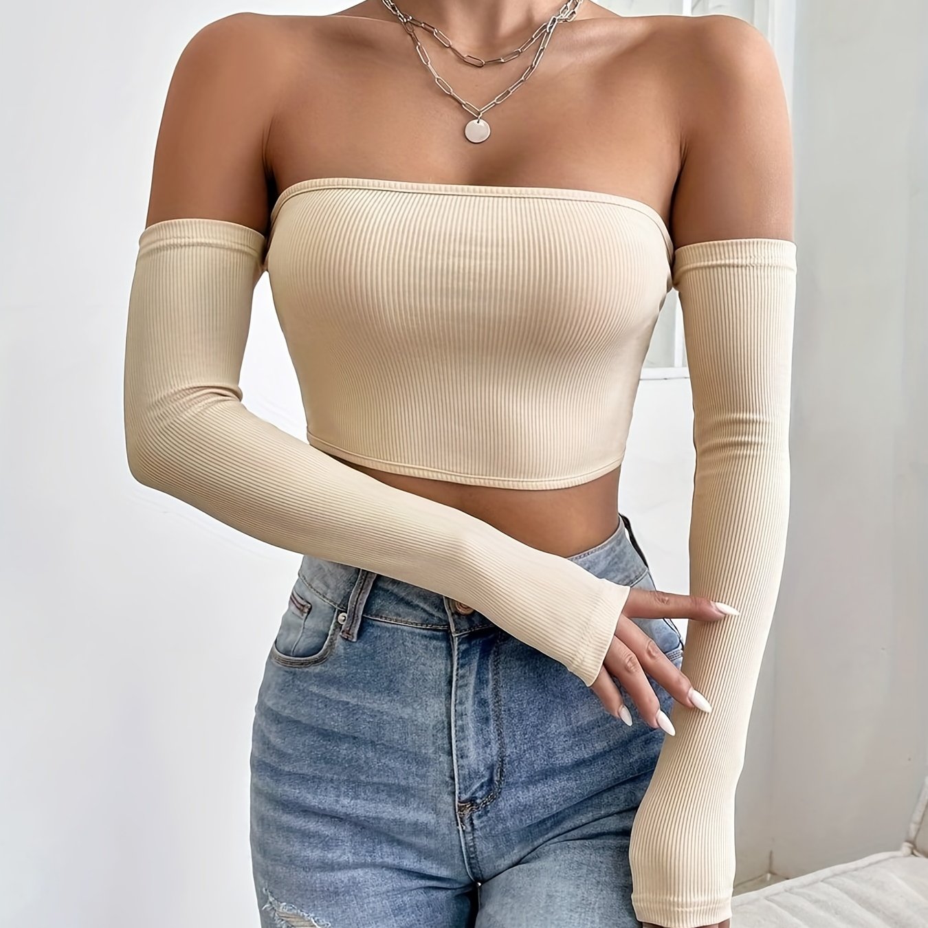 Off Shoulder Bodycon Crop Top - Black XS