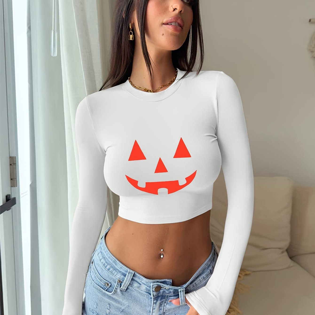 Y2K Pumpkin Print Crop Top - Halloween Special