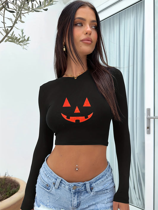 Y2K Pumpkin Print Crop Top - Halloween Special