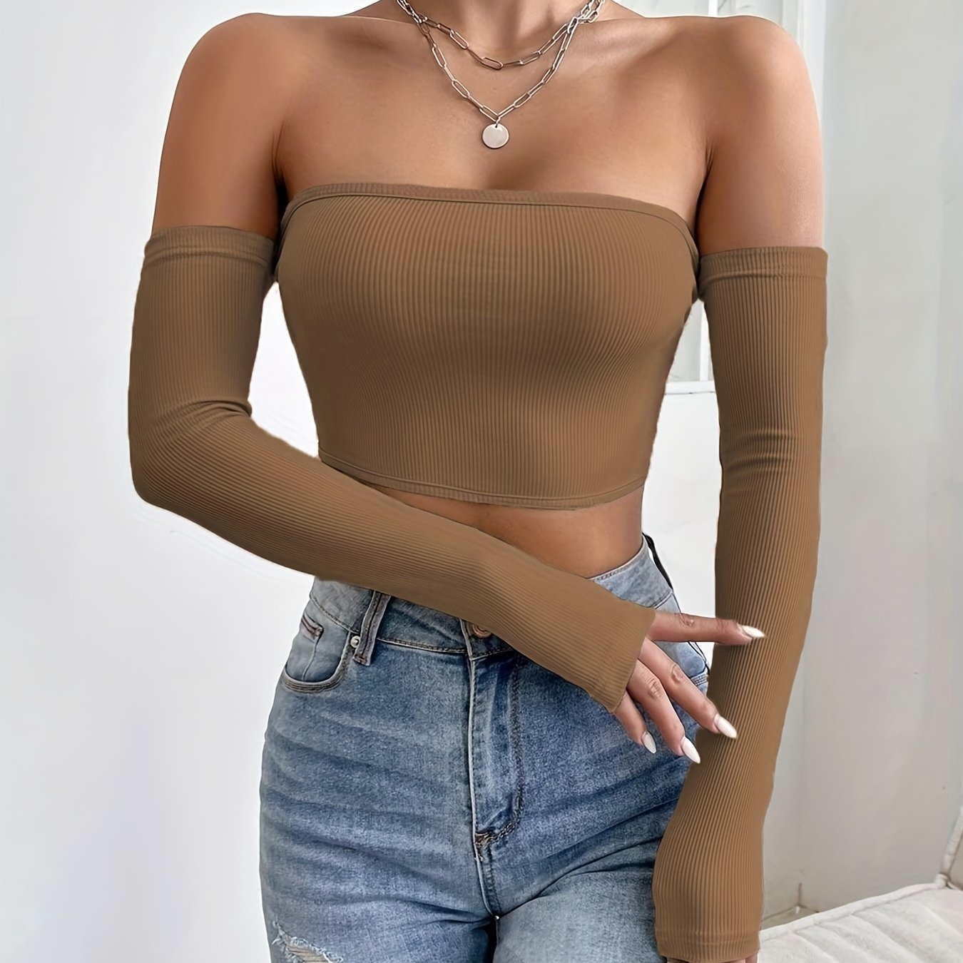 Off Shoulder Bodycon Crop Top - Black XS