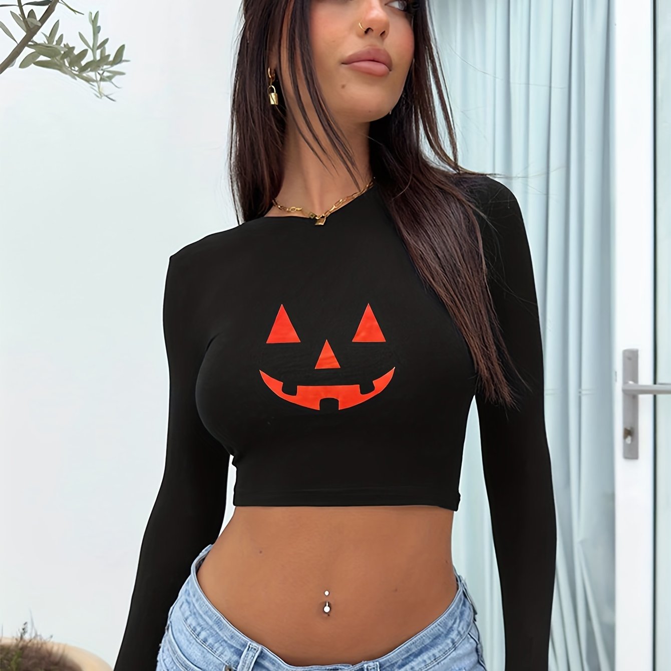 Y2K Pumpkin Print Crop Top - Halloween Special
