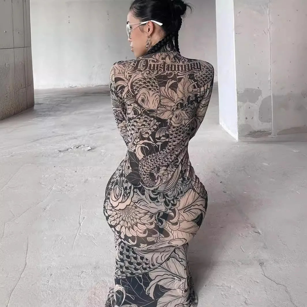 Chic Autumn Mesh Print Dress