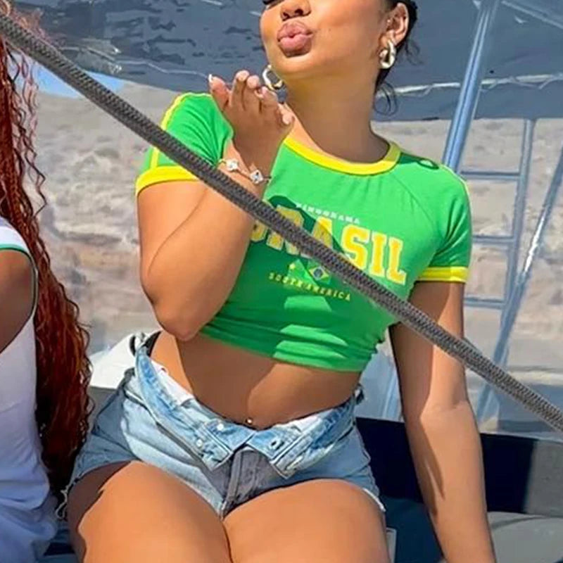 Vintage Brazil Letter Crop Top - Green