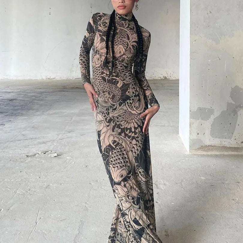 Chic Autumn Mesh Print Dress