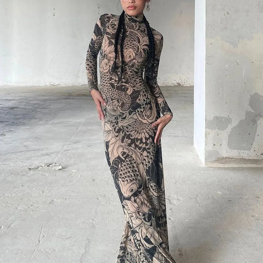 Chic Autumn Mesh Print Dress