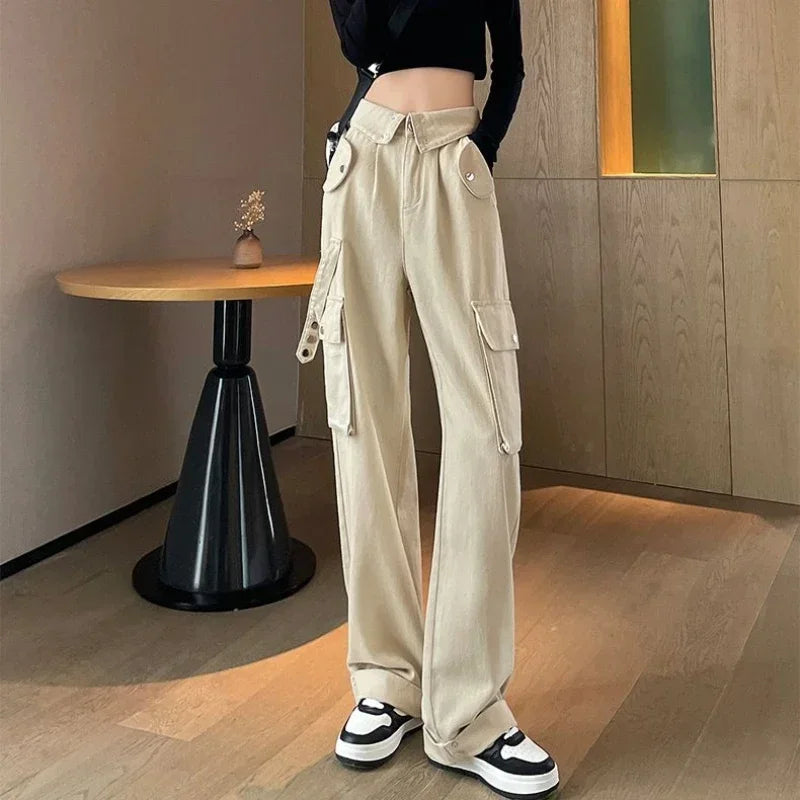 Women's Beige Cargo High Waist Jeans