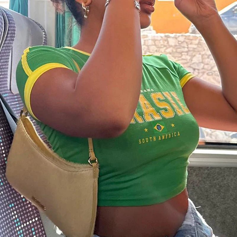 Vintage Brazil Letter Crop Top - Green