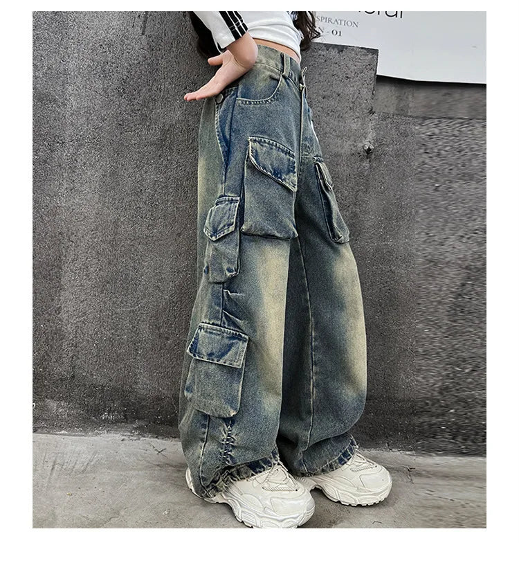 Girls' Loose Fit Cargo Jeans - Spring 2024