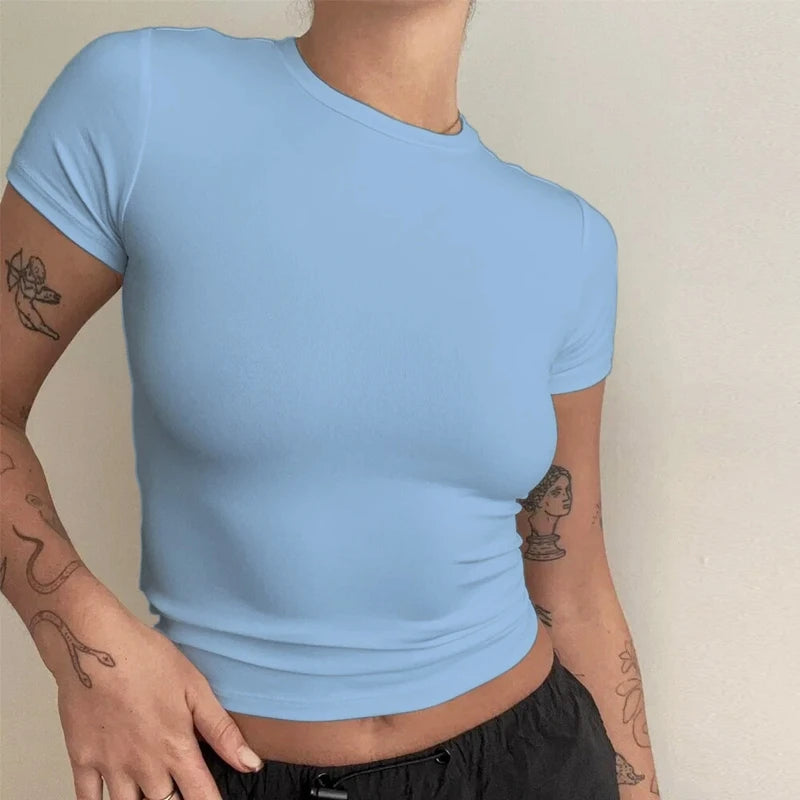 Y2K Slim Fit O-Neck Knitted Tee - Black