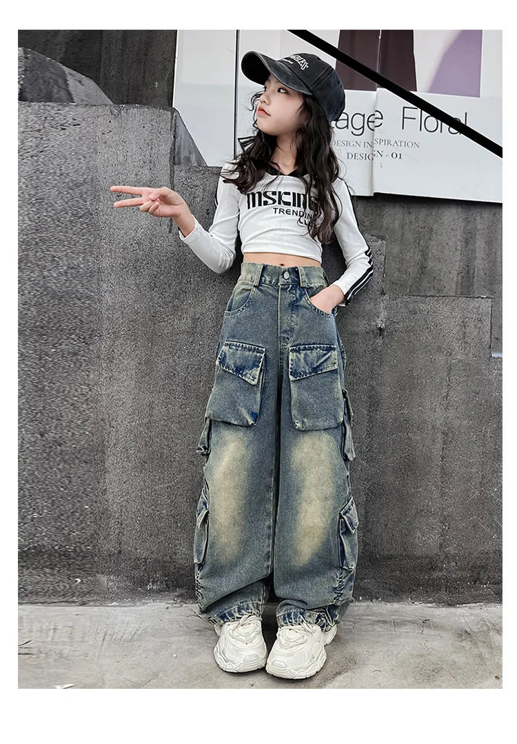 Girls' Loose Fit Cargo Jeans - Spring 2024
