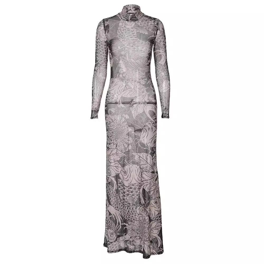 Chic Autumn Mesh Print Dress