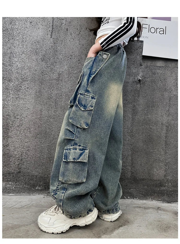 Girls' Loose Fit Cargo Jeans - Spring 2024