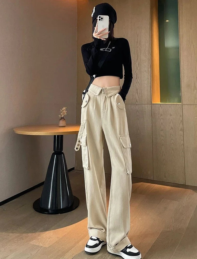 Women's Beige Cargo High Waist Jeans