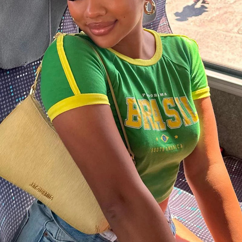 Vintage Brazil Letter Crop Top - Green