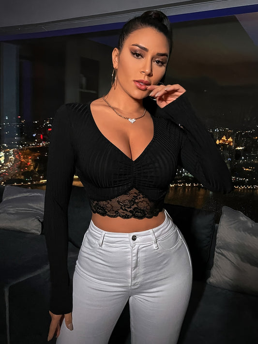 Elegant Black Lace Trim V-Neck Crop Top